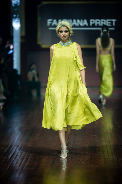 Lime Green Crush Silk Dress With Embellished Neckline