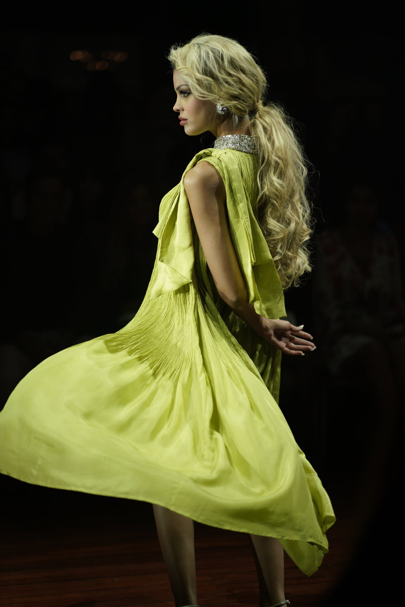 Lime Green Crush Silk Dress With Embellished Neckline