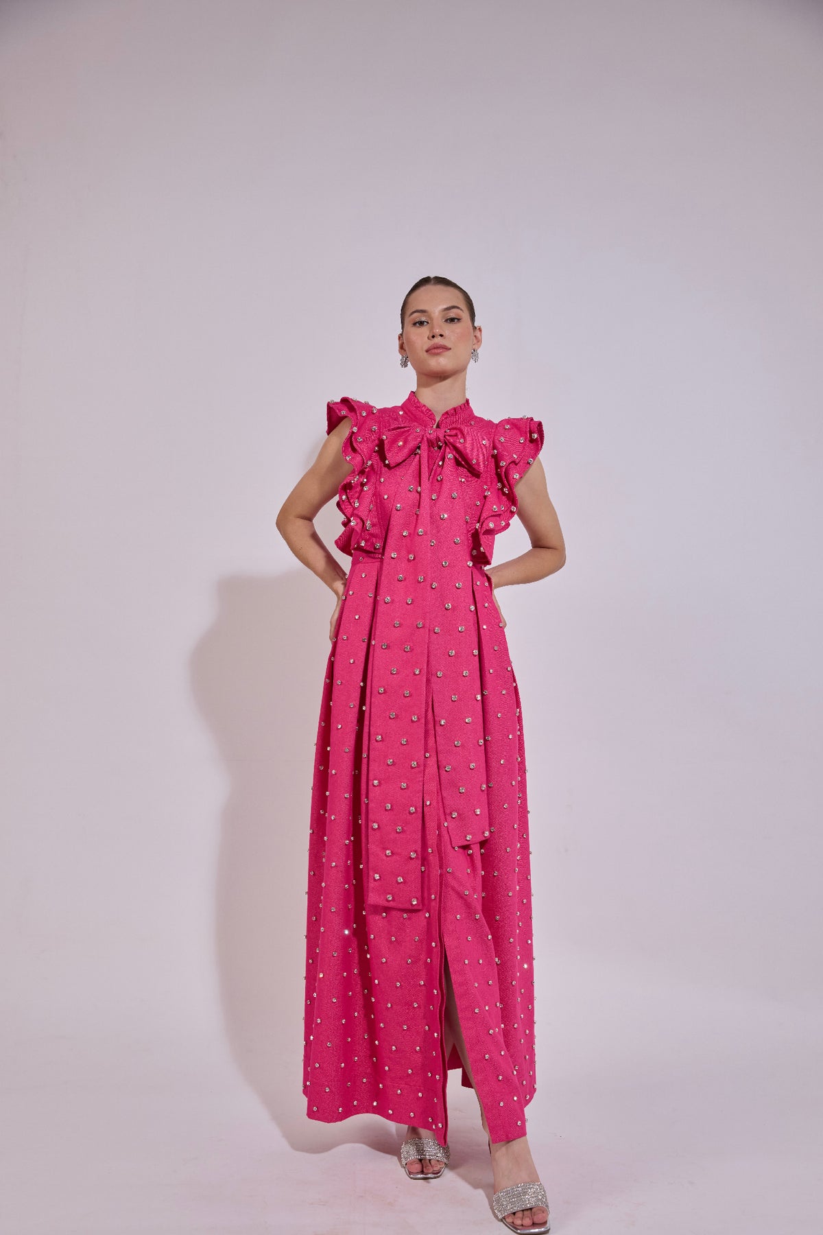 Swarosvki Embellished Pink Long Ruffle Sleeve Denim Dress