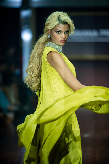 Lime Green Crush Silk Dress With Embellished Neckline