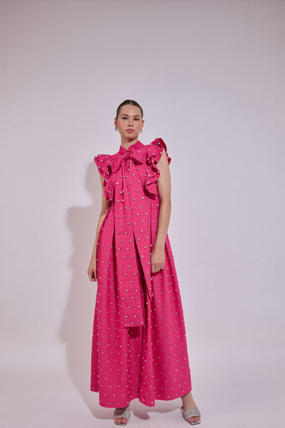 Swarosvki Embellished Pink Long Ruffle Sleeve Denim Dress
