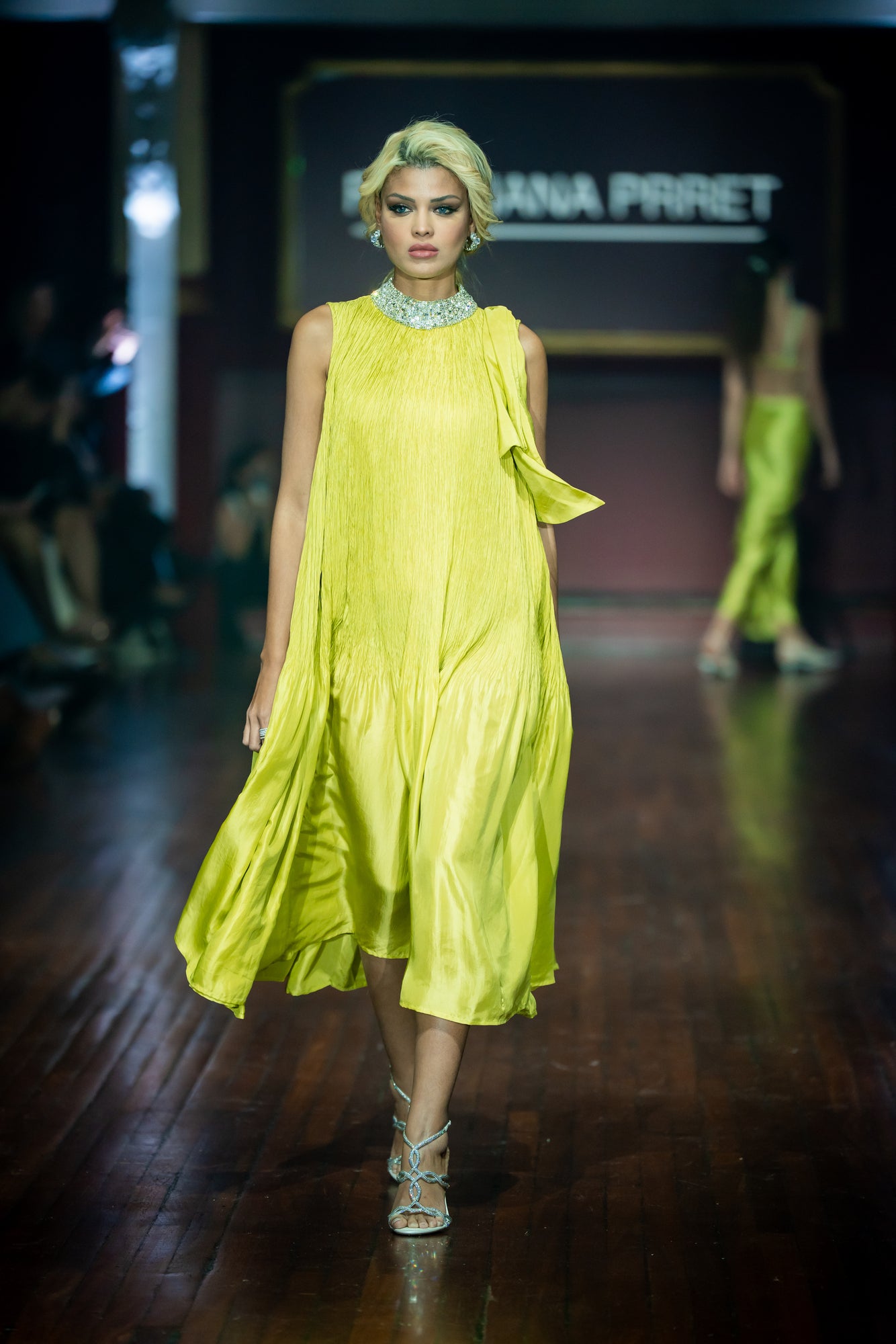 Lime Green Crush Silk Dress With Embellished Neckline