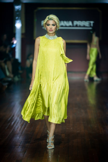 Lime Green Crush Silk Dress With Embellished Neckline