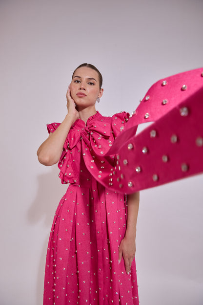 Swarosvki Embellished Pink Long Ruffle Sleeve Denim Dress