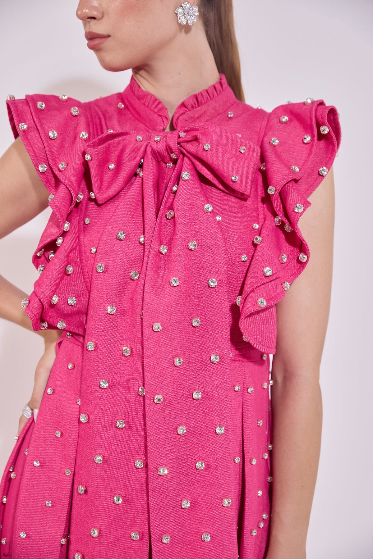 Swarosvki Embellished Pink Long Ruffle Sleeve Denim Dress