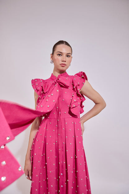 Swarosvki Embellished Pink Long Ruffle Sleeve Denim Dress