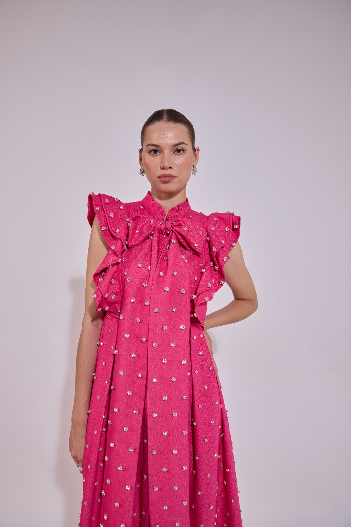 Swarosvki Embellished Pink Long Ruffle Sleeve Denim Dress