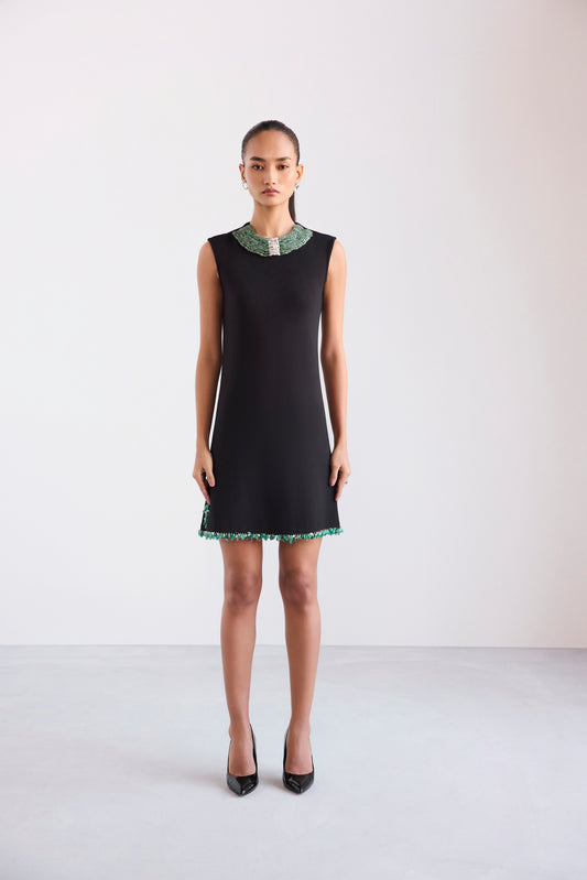 Embroidered Necklace Cut Sleeve Shift Short Scuba Dress With Side Slits