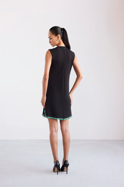 Embroidered Necklace Cut Sleeve Shift Short Scuba Dress With Side Slits