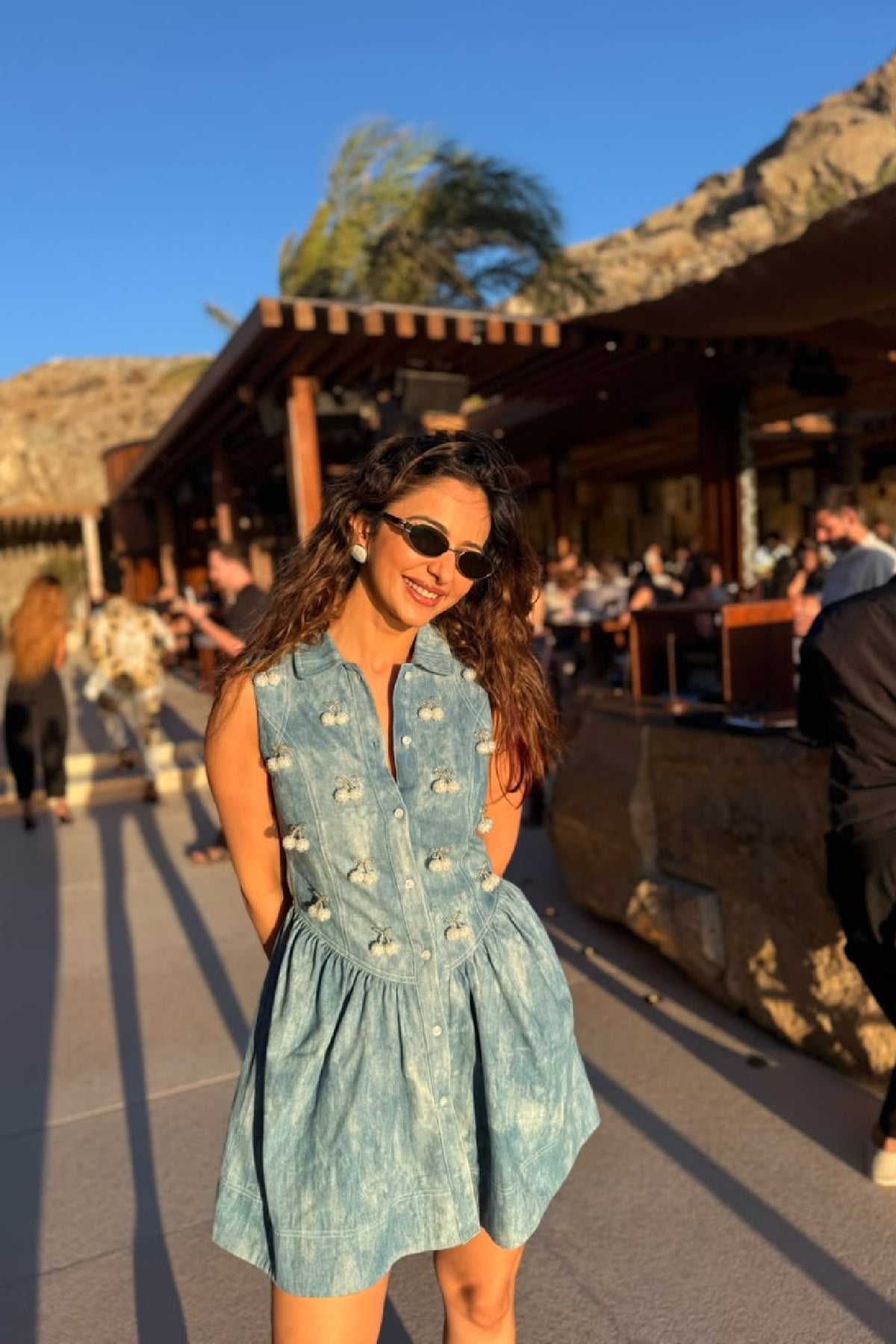Corset Drop Waist Cherry Embellished Bodice Denim Dress