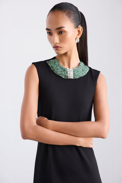 Embroidered Necklace Cut Sleeve Shift Short Scuba Dress With Side Slits