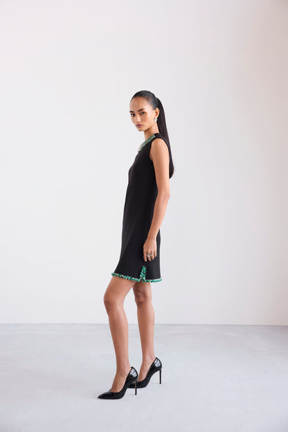 Embroidered Necklace Cut Sleeve Shift Short Scuba Dress With Side Slits