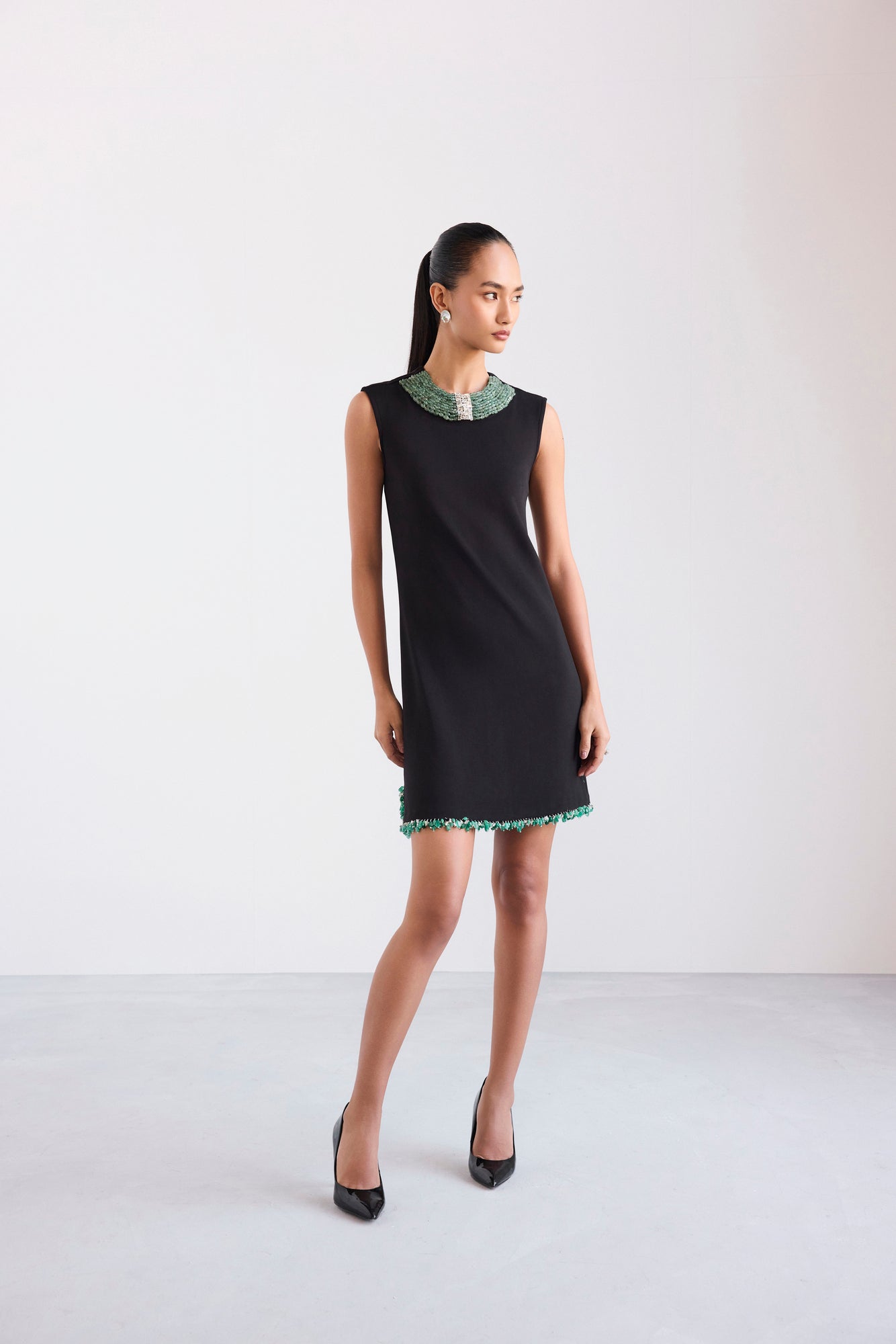 Embroidered Necklace Cut Sleeve Shift Short Scuba Dress With Side Slits