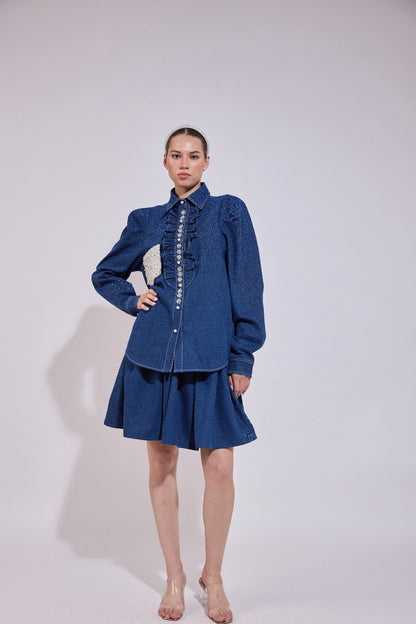 Pearl Embellished Pocket & Placket Ruffle Button Down Shirt And Pleated Skirt Set