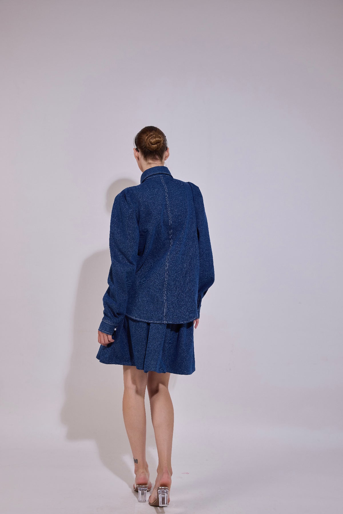 Pearl Embellished Pocket & Placket Ruffle Button Down Shirt And Pleated Skirt Set