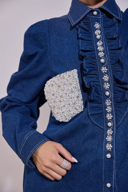 Pearl Embellished Pocket & Placket Ruffle Button Down Shirt And Pleated Skirt Set
