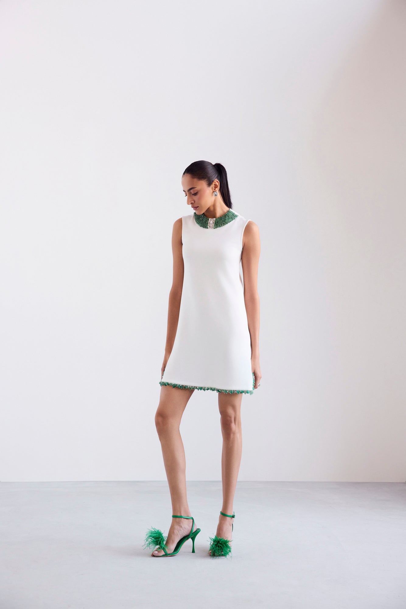 Embroidered Necklace Cut Sleeve Shift Short Scuba Dress With Side Slits
