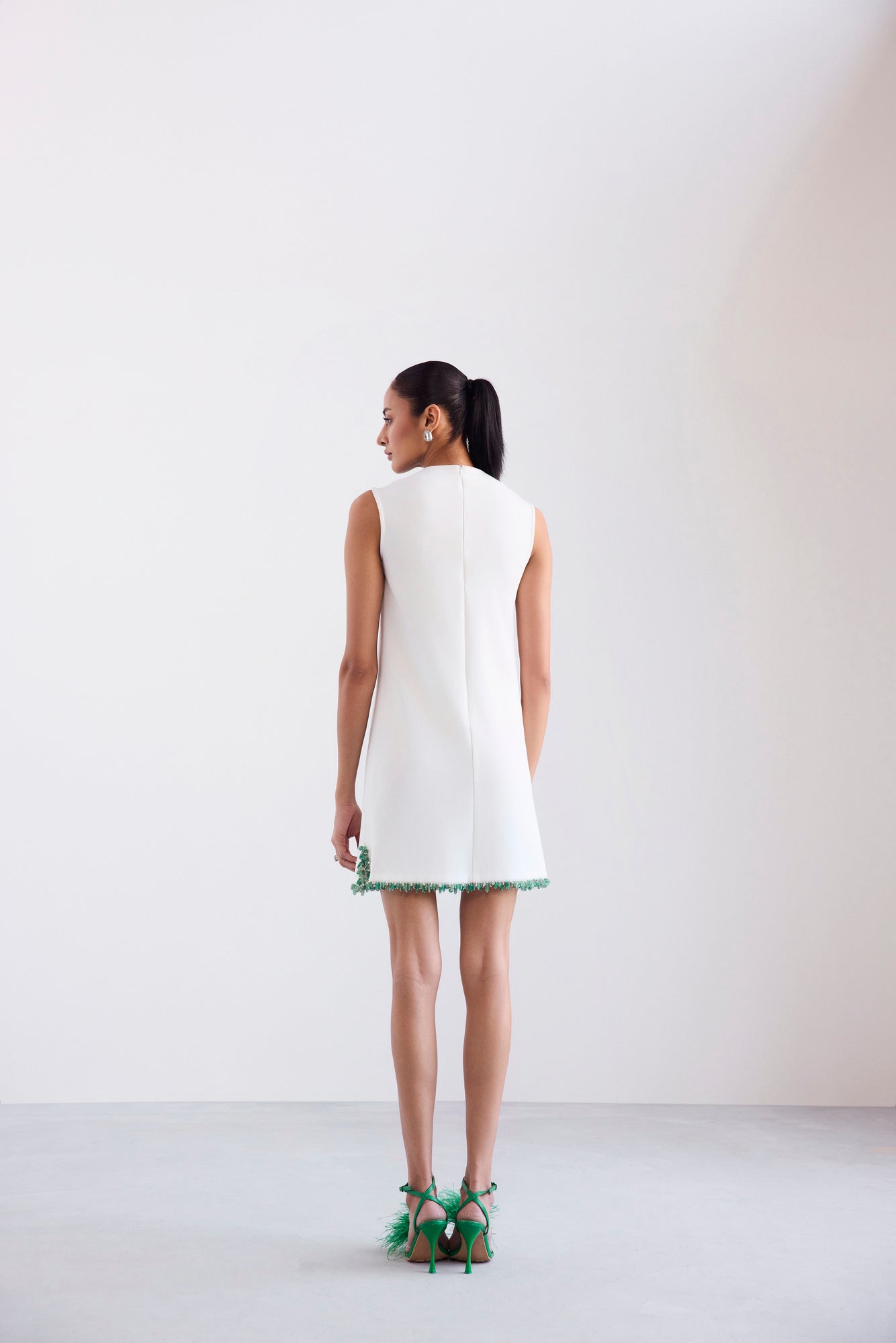 Embroidered Necklace Cut Sleeve Shift Short Scuba Dress With Side Slits