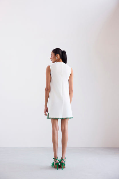 Embroidered Necklace Cut Sleeve Shift Short Scuba Dress With Side Slits