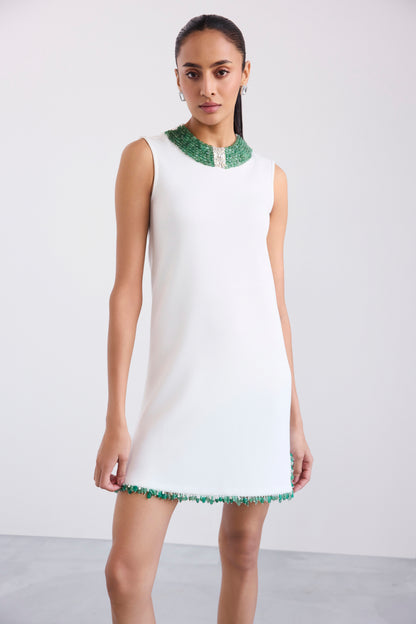 Embroidered Necklace Cut Sleeve Shift Short Scuba Dress With Side Slits