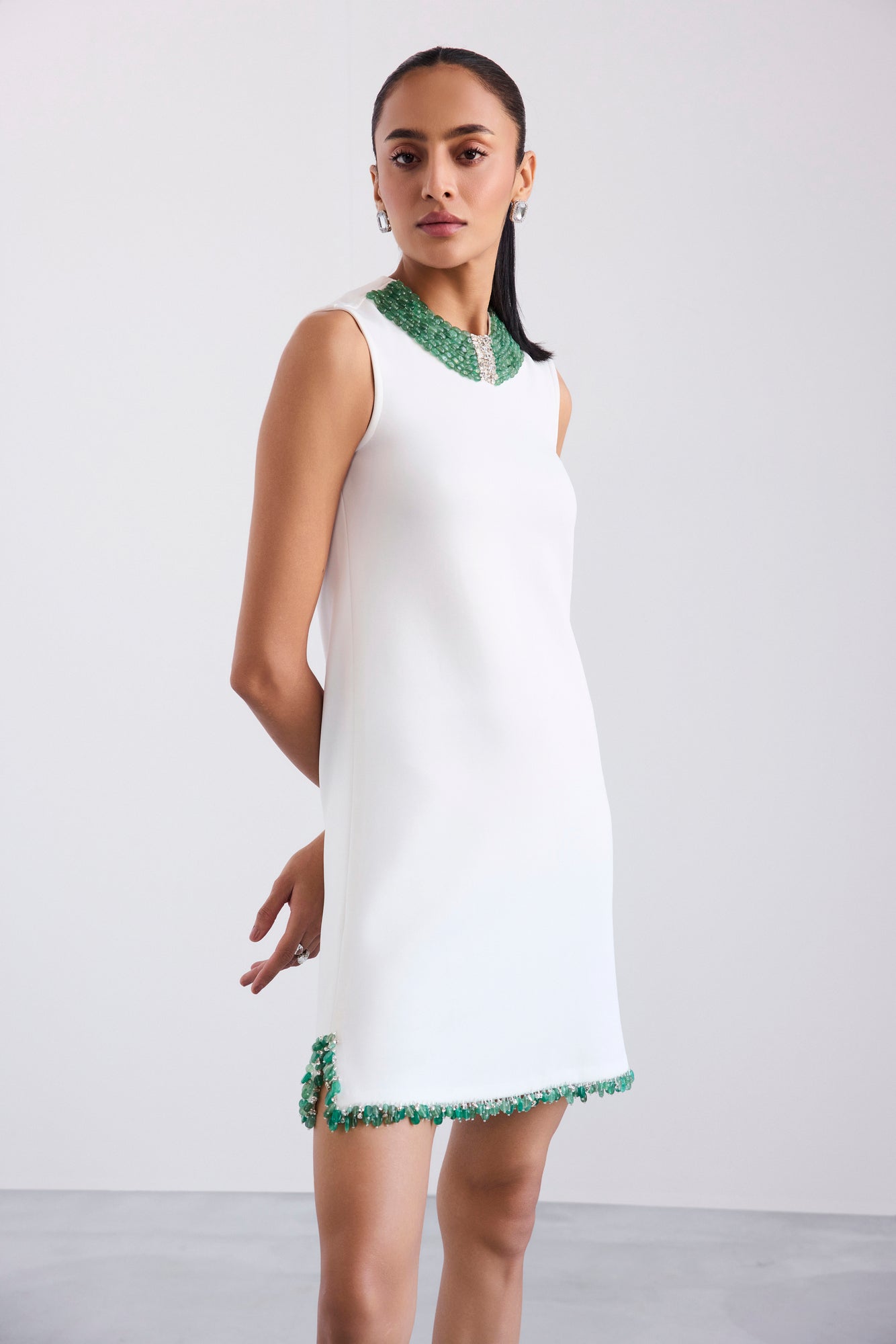 Embroidered Necklace Cut Sleeve Shift Short Scuba Dress With Side Slits