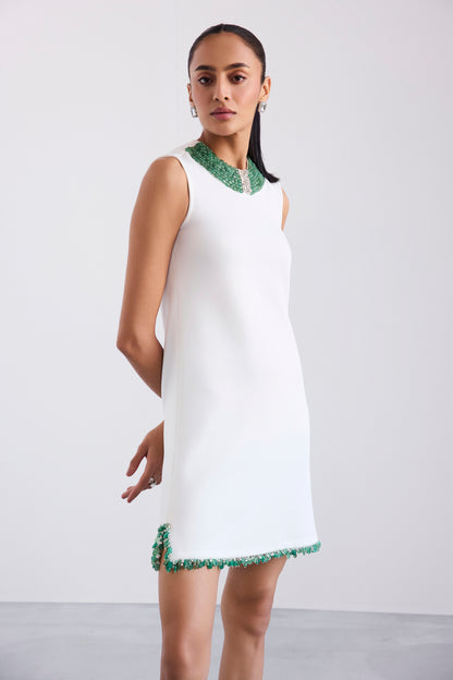 Embroidered Necklace Cut Sleeve Shift Short Scuba Dress With Side Slits
