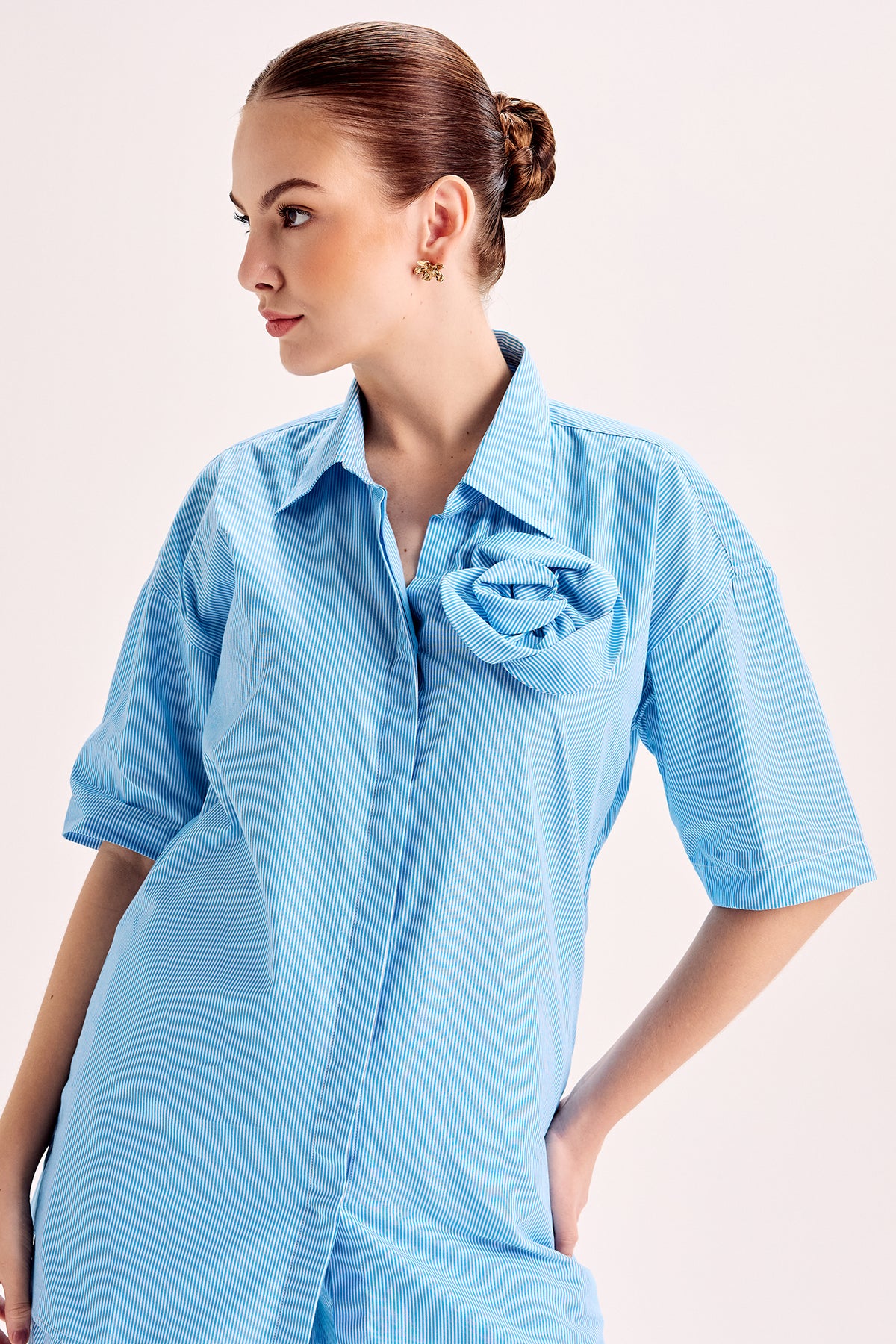 Mounted Flower Pinstripe Shirt And Shorts Co-Ord Set