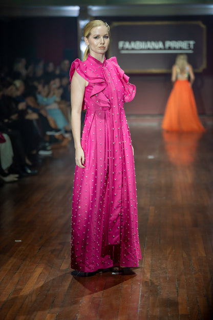 Swarosvki Embellished Pink Long Ruffle Sleeve Denim Dress