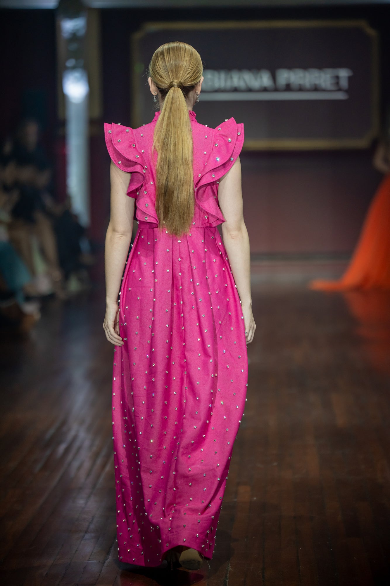 Swarosvki Embellished Pink Long Ruffle Sleeve Denim Dress