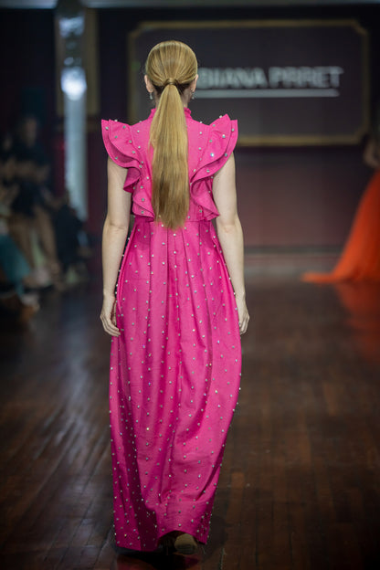 Swarosvki Embellished Pink Long Ruffle Sleeve Denim Dress