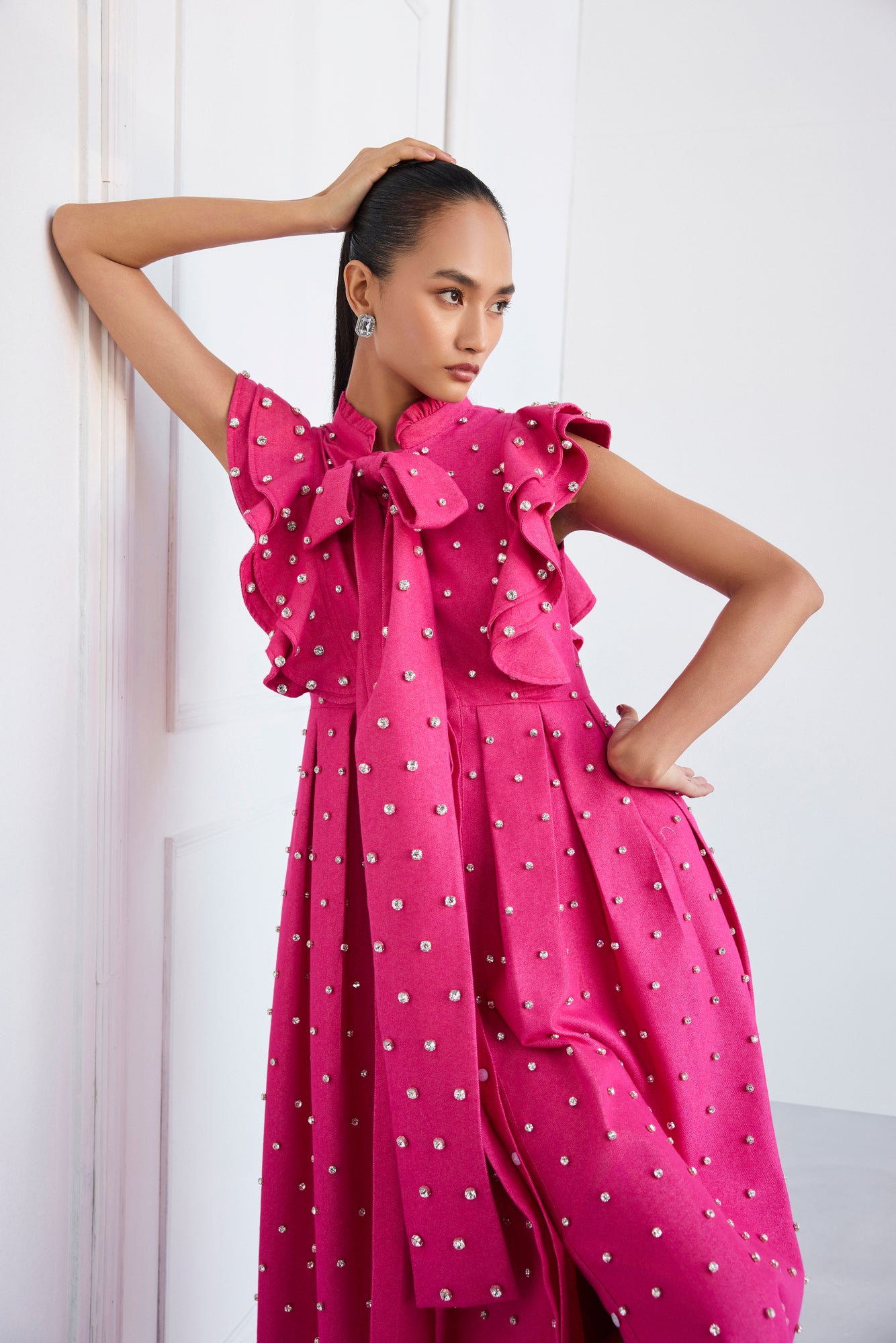 Swarosvki Embellished Pink Long Ruffle Sleeve Denim Dress