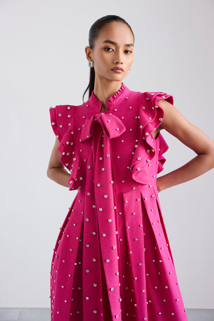 Swarosvki Embellished Pink Long Ruffle Sleeve Denim Dress