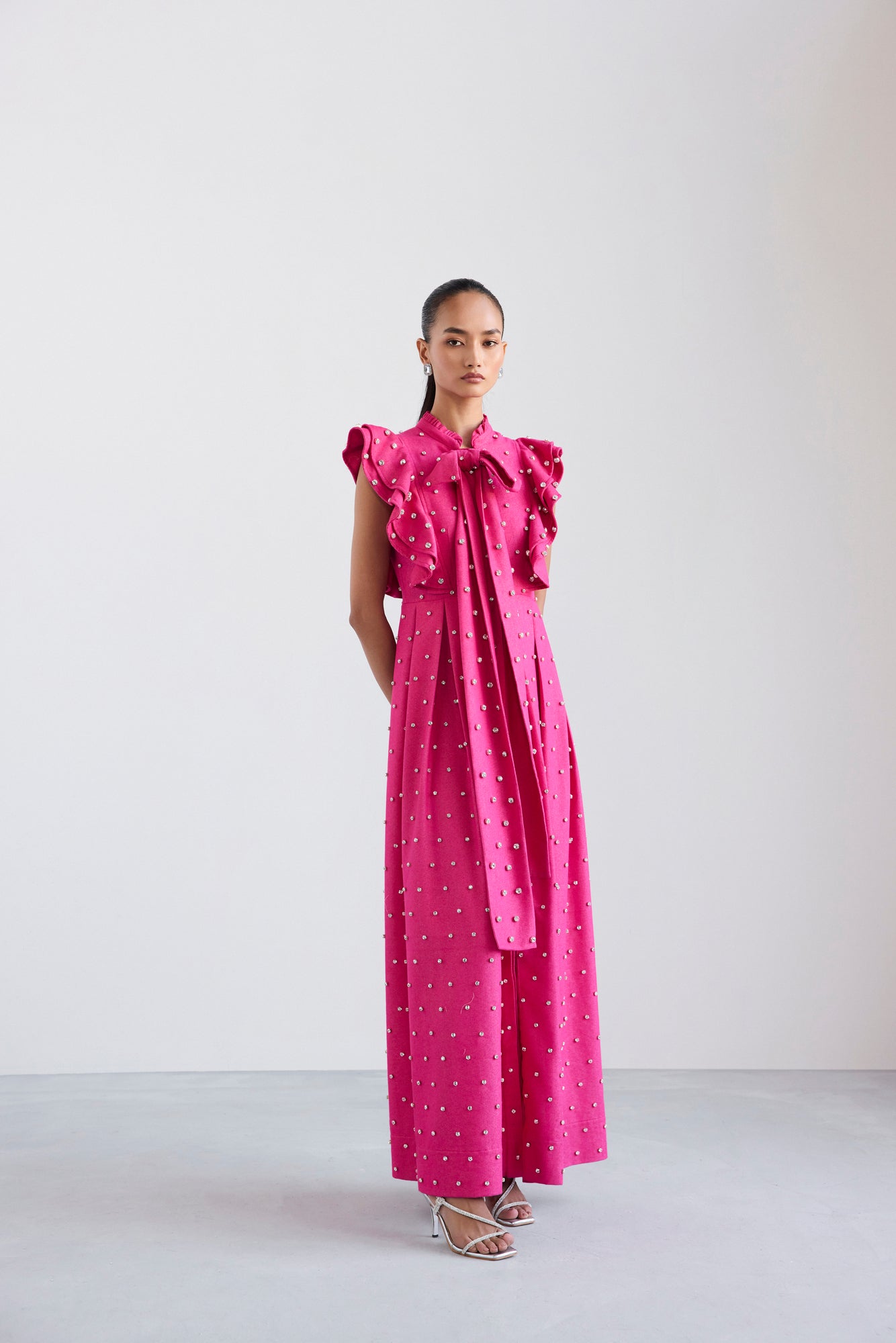 Swarosvki Embellished Pink Long Ruffle Sleeve Denim Dress