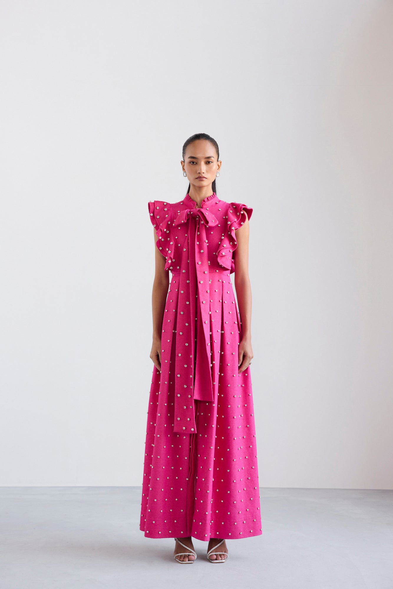 Swarosvki Embellished Pink Long Ruffle Sleeve Denim Dress