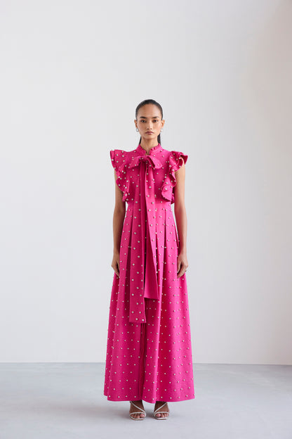 Swarosvki Embellished Pink Long Ruffle Sleeve Denim Dress
