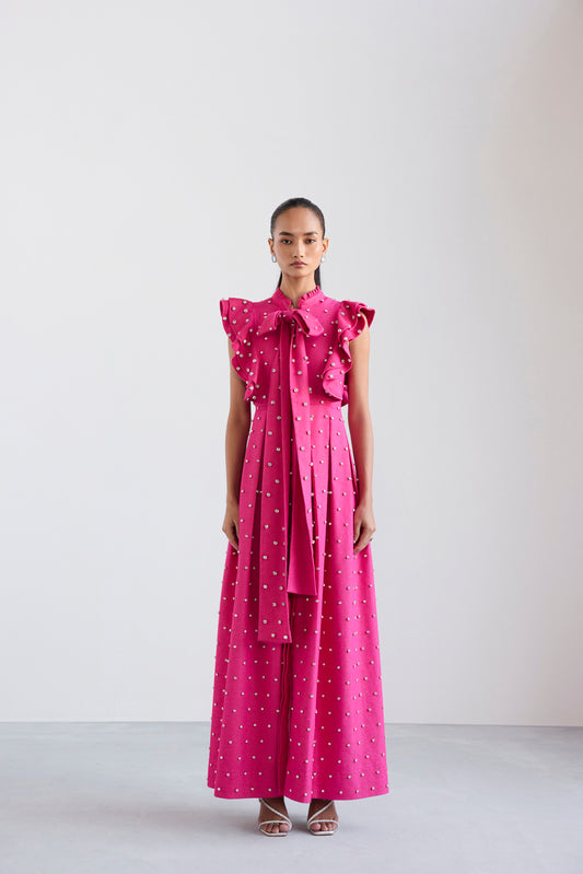 Swarosvki Embellished Pink Long Ruffle Sleeve Denim Dress