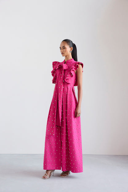 Swarosvki Embellished Pink Long Ruffle Sleeve Denim Dress