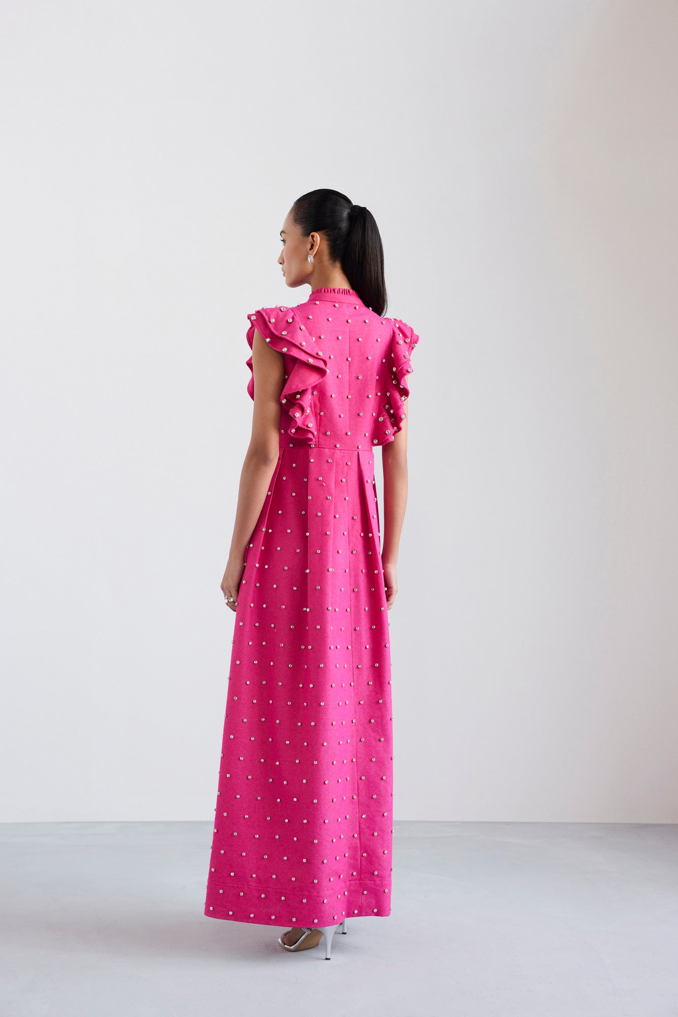Swarosvki Embellished Pink Long Ruffle Sleeve Denim Dress
