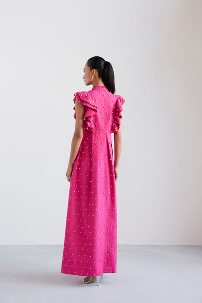Swarosvki Embellished Pink Long Ruffle Sleeve Denim Dress