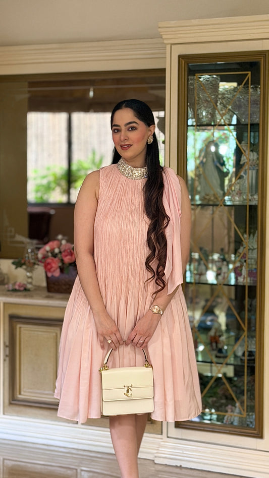 Baby Pink Crush Silk Dress With Embellished Neckline