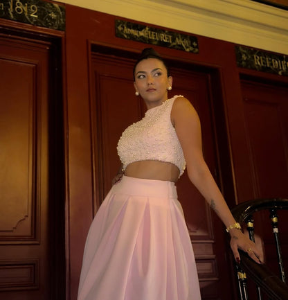 Pearl Embroidered Crop Baby Pink Top & Pearl Embroidered Panelled Maxi Pleated Baby Pink Scuba Skirt