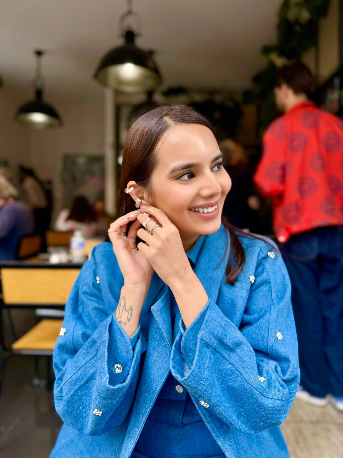 Embroidered Swarosvki Denim Trench Coat Paired With Button Down Plain Shirt With Pants