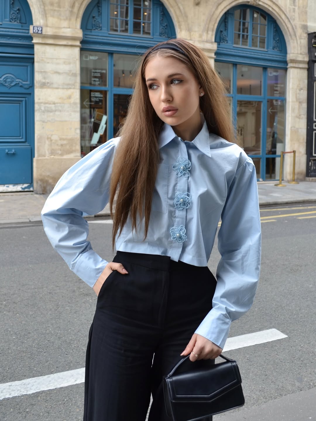 Crop Poplin Shirt With Pearl Flower Buttons