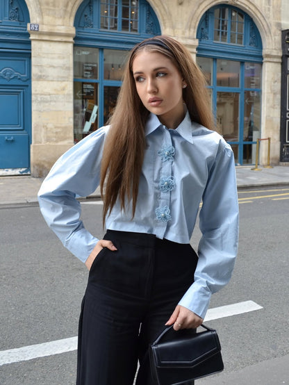 Crop Poplin Shirt With Pearl Flower Buttons