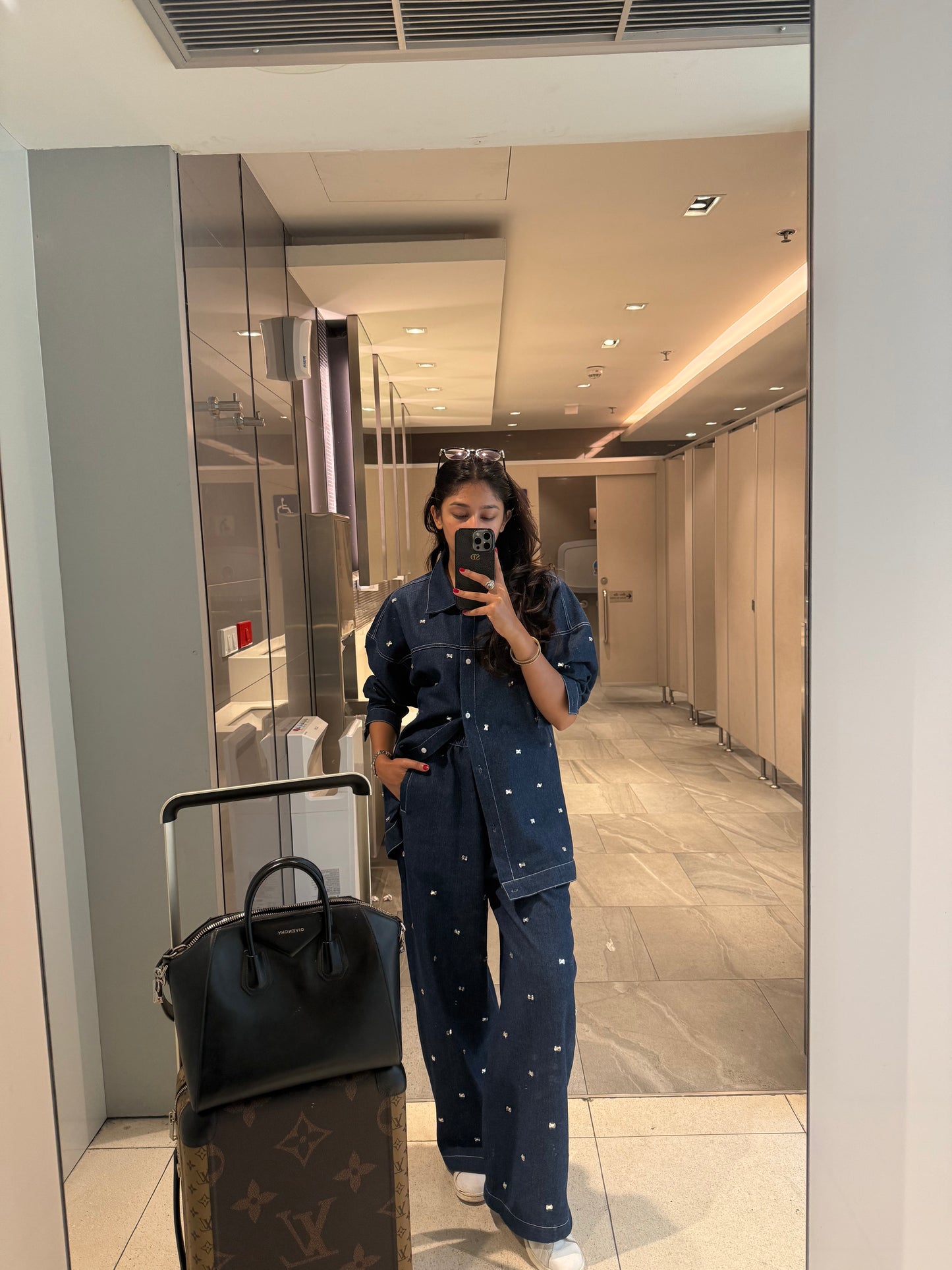 Bow Swarovski Embroidered Denim Shirt Paired With Embellished Denim Pants