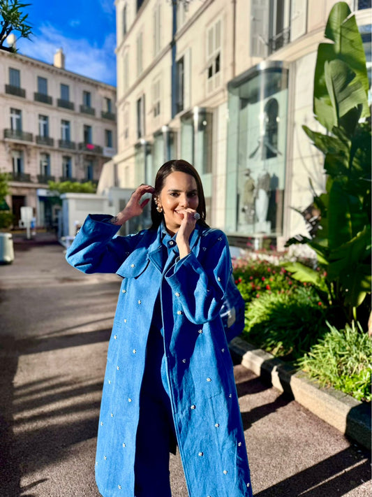 Embroidered Swarosvki Denim Trench Coat Paired With Button Down Plain Shirt With Pants