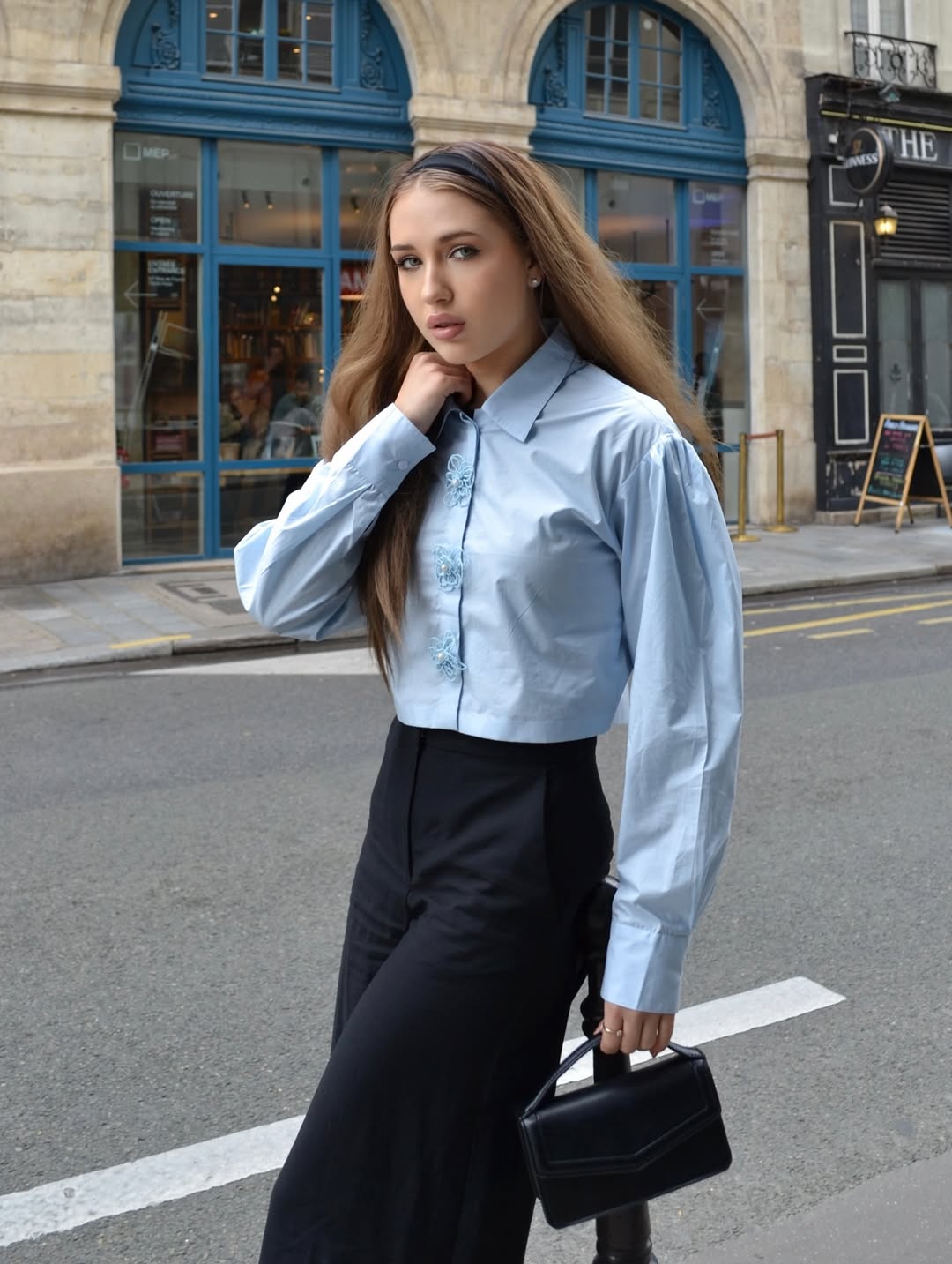Crop Poplin Shirt With Pearl Flower Buttons