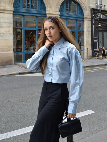 Crop Poplin Shirt With Pearl Flower Buttons