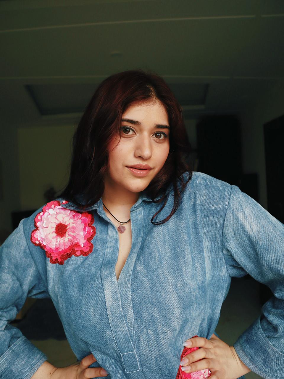 Floral Applique Denim Shift Dress