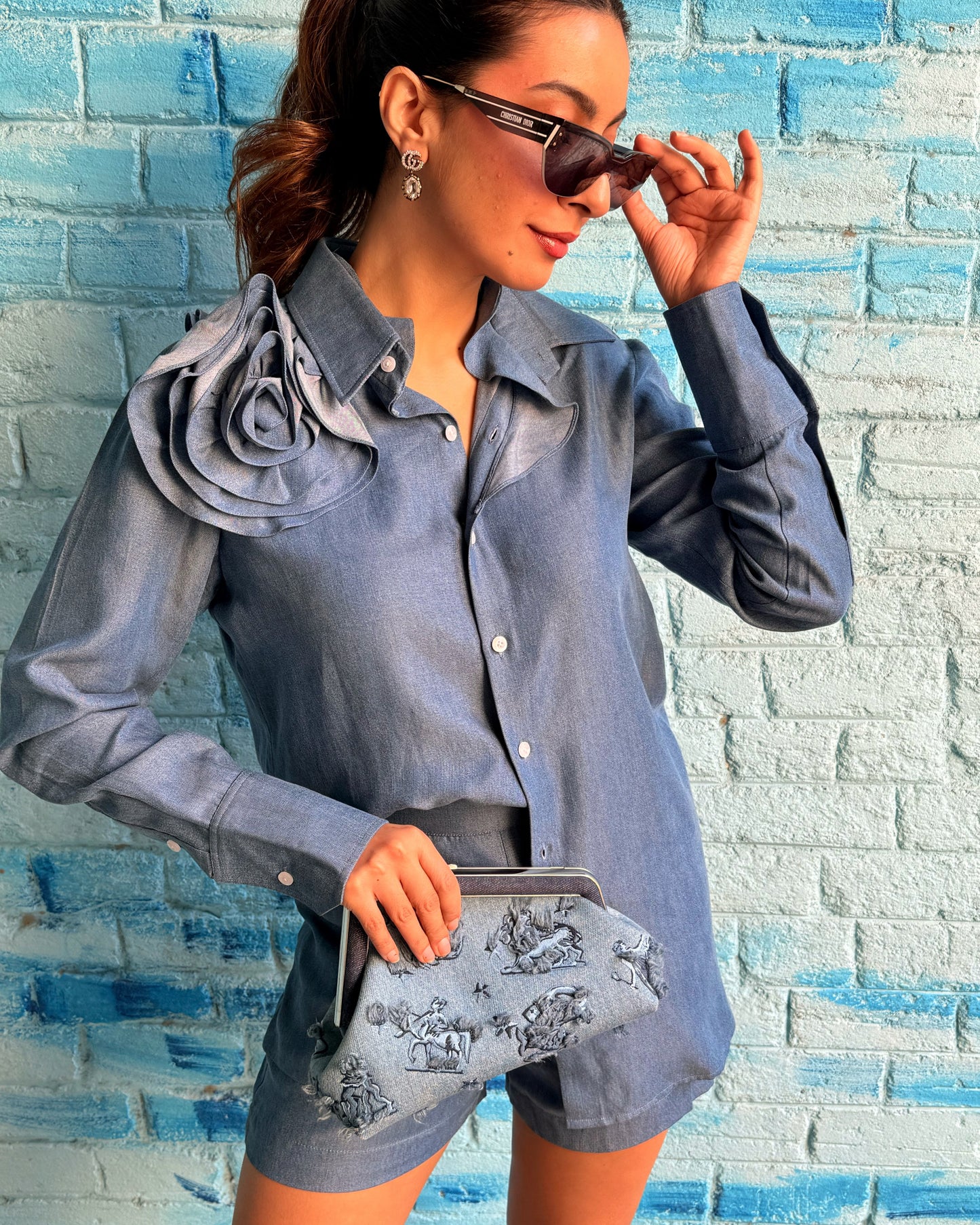 Multicoloured Swarosvki Embellished Button Shirt